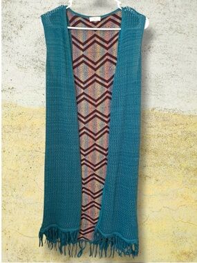 “C” Brand Teal Knit Fringe Open-Front Duster with Chevron Lining